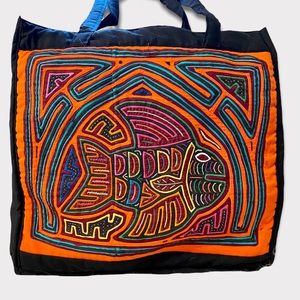 Mola Multicolor Folk Art Fish Quilted Large Tote Bag